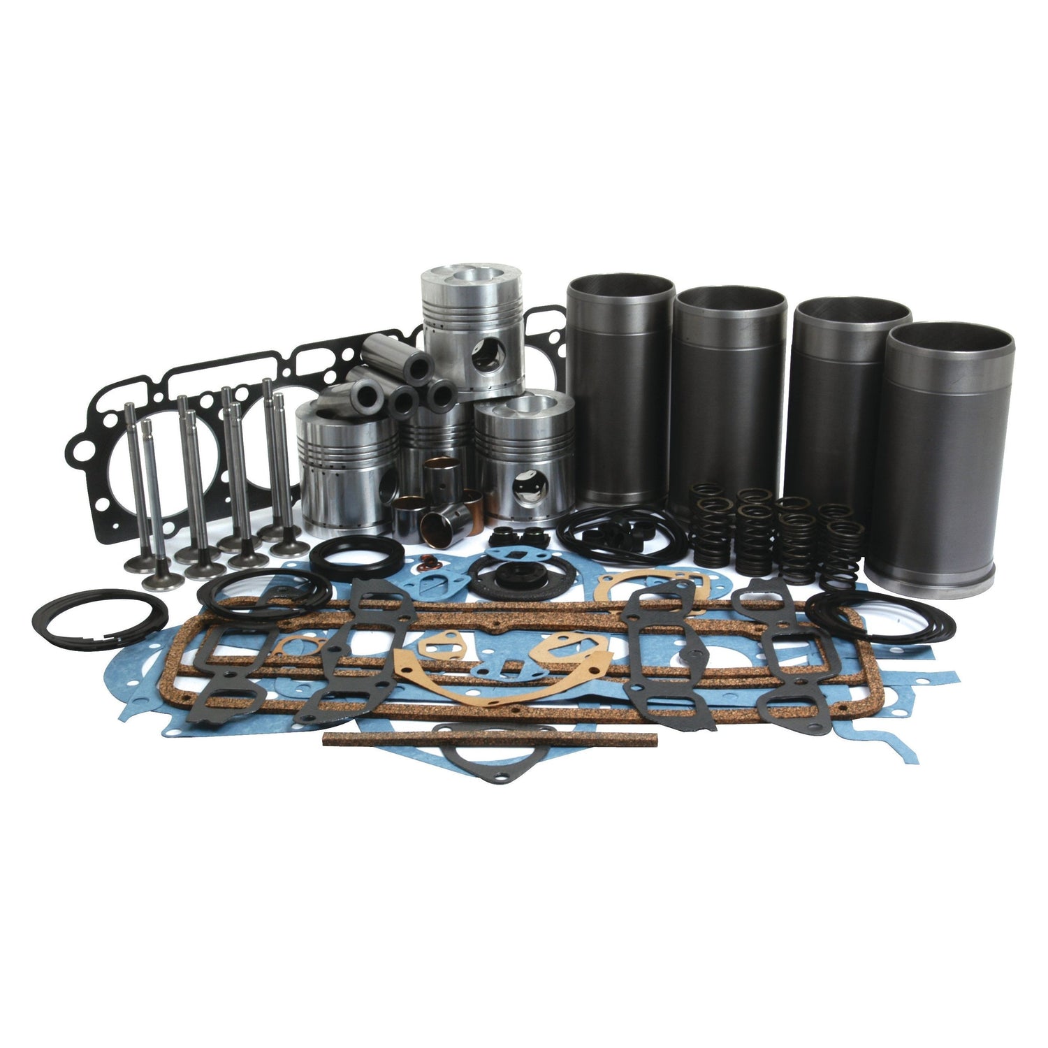 The Sparex Engine Overhaul Kit with Valve Train (Finished) - S.66710 is a comprehensive collection of Ford engine parts, including pistons, gaskets, valves, springs, cylinders, and various seals—perfect for an engine overhaul.