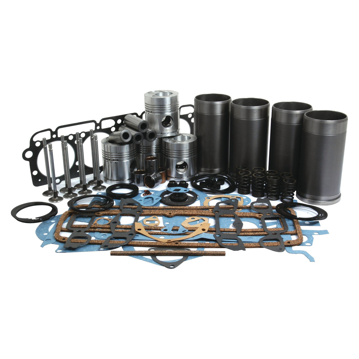 The Sparex Engine Overhaul Kit with Valve Train (Finished) - S.66710 is a comprehensive collection of Ford engine parts, including pistons, gaskets, valves, springs, cylinders, and various seals—perfect for an engine overhaul.