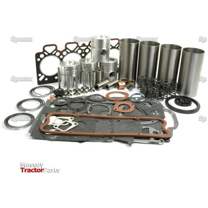 A collection of tractor engine parts, including gaskets, pistons, liners, and a valve train displayed on a white background. The logo "Sparex Engine Overhaul Kit - S.40398" is visible in the bottom left corner.