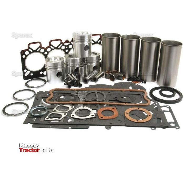 A set of engine parts including pistons, cylinder liners, gaskets, and seals arranged on a white background. The image features Massey Tractor Parts branding and highlights the quality of Sparex components in this comprehensive Engine Overhaul Kit without Valve Train (Finished) - S.41941.