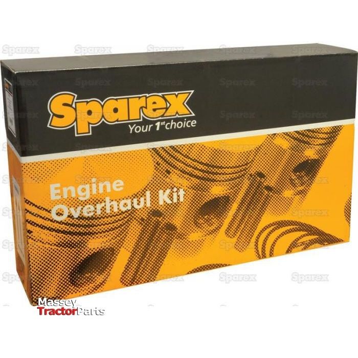 A box labeled "Sparex Engine Overhaul Kit without Valve Train (Finished) - S.44018" with the Massey Tractor Parts logo in the lower left corner, featuring a detailed design of engine parts and a highlighted mention of Cylinder Bore components in the background.