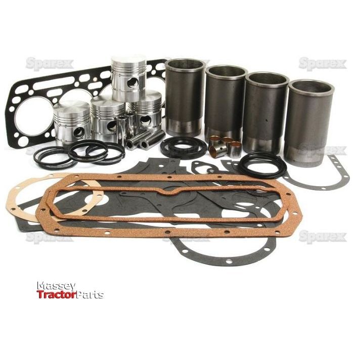 A comprehensive Sparex Engine Overhaul Kit without Valve Train (Finished) - S.57920, featuring pistons, cylinder liners, gaskets, and O-rings, displayed against a white background. Ideal for Case BD144 models.