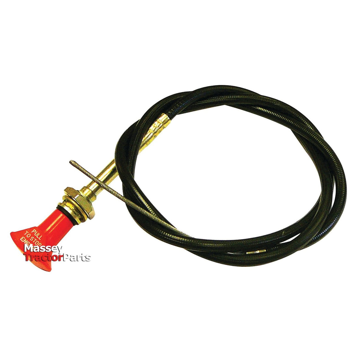 A Sparex Engine Stop Cable (Part No. S.67463) with a length of 1090mm features a black cable and a red, cone-shaped handle labeled "PULL TO STOP ENGINE." The handle, ideal for Farmtrac machinery, is attached to a metal bracket for mounting.