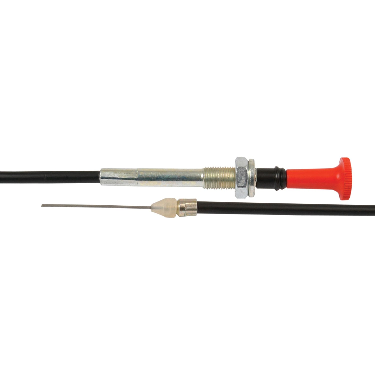 The Sparex Engine Stop Cable (Part No. S.41847) features a black threaded metal housing, a red knob on one end, and a thin metal rod protruding from the other end. It is 1130mm long with an outer cable length of 1020mm and is compatible with Massey Ferguson tractors.