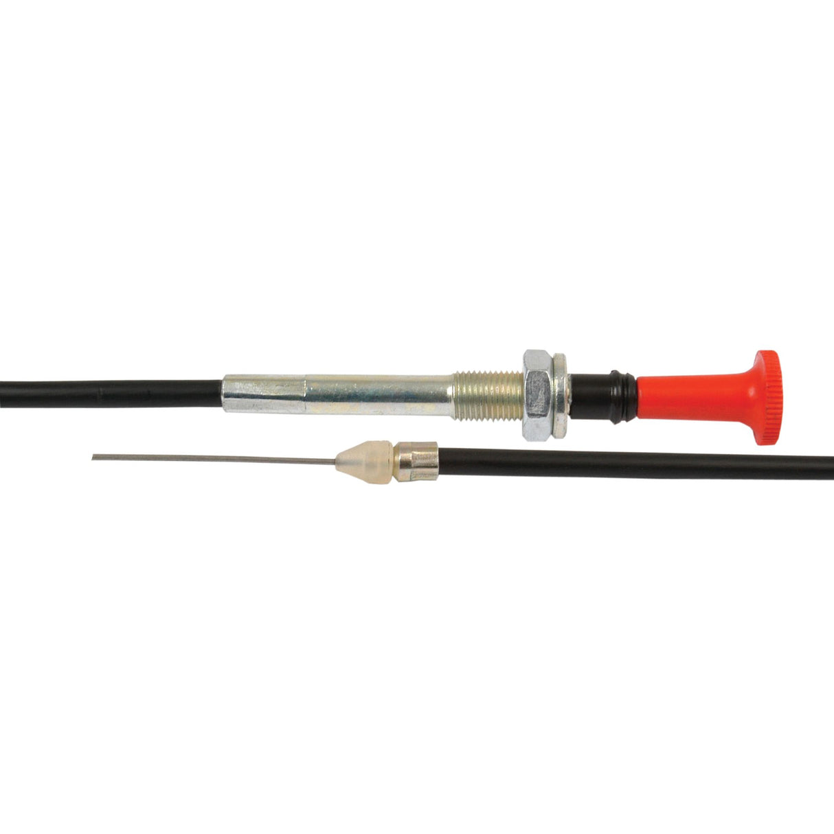 The Sparex Engine Stop Cable (Part No. S.41847) features a black threaded metal housing, a red knob on one end, and a thin metal rod protruding from the other end. It is 1130mm long with an outer cable length of 1020mm and is compatible with Massey Ferguson tractors.
