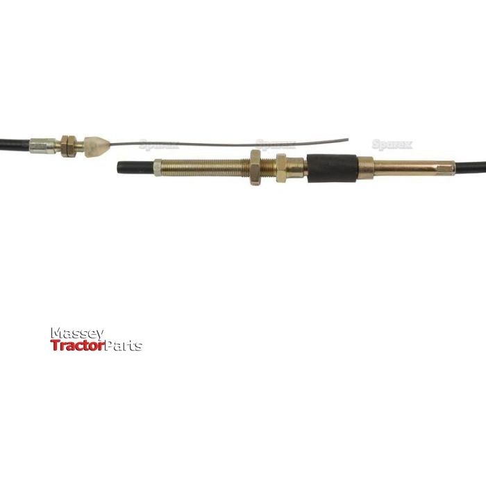 A metal and plastic automotive cable assembly with threaded sections and a wire extending from one end. Text at the lower left reads "Massey Tractor Parts." This Sparex Engine Stop Cable (Part No. S.57377) has a total length of 1327mm and an outer cable length of 1202mm, ensuring compatibility with Case IH / International Harvester models for reliable performance.