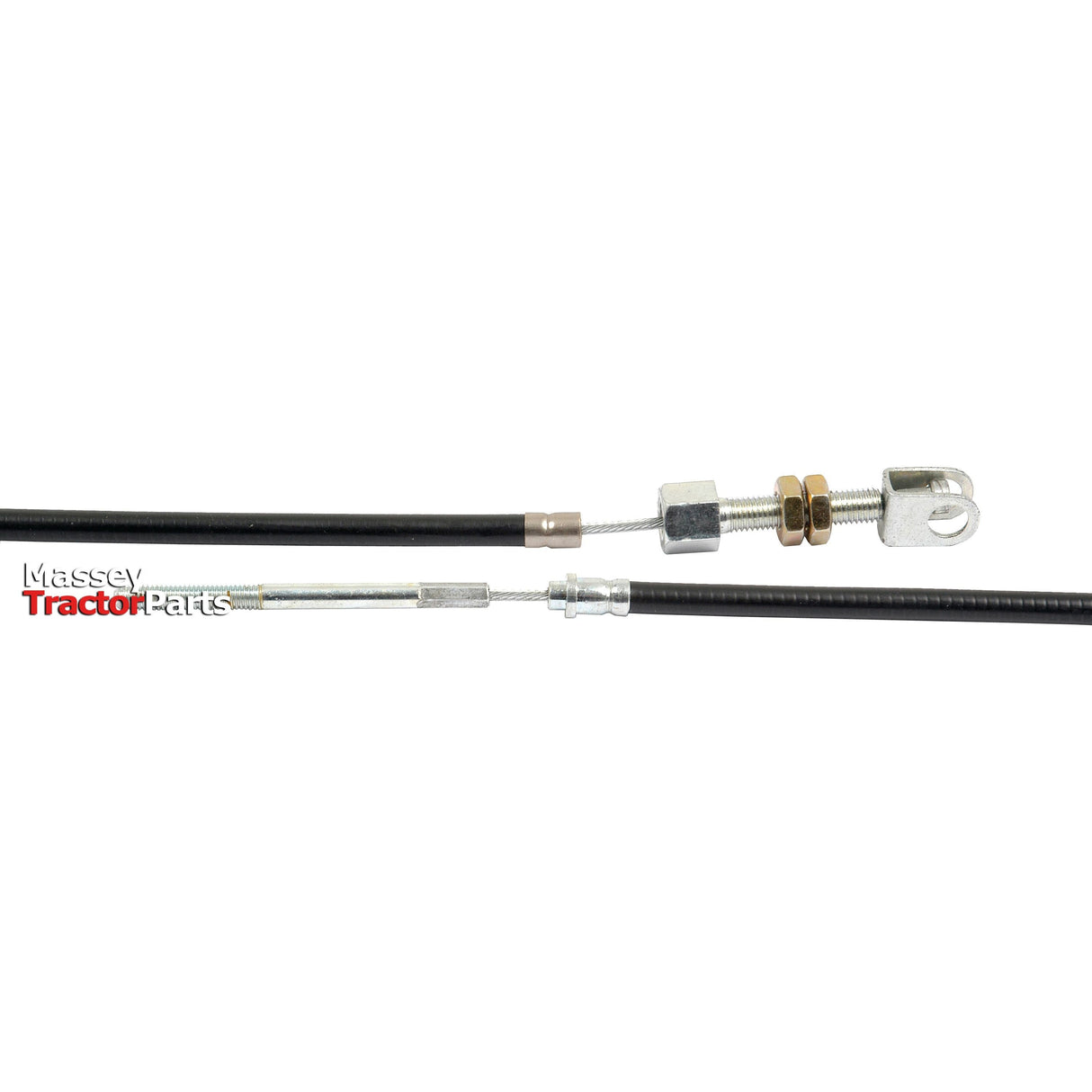 Close-up of a tractor control cable with connectors, featuring metal components and a black sheath labeled "Sparex." This high-quality engine stop cable (Sparex Part No. S.57466) has a length of 1430mm and an outer cable length of 1306mm, making it compatible with David Brown models.