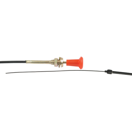 Close-up of the Engine Stop Cable: a thin black wire with metal fittings at one end and an orange plastic handle on the other end, along with another thin black wire, suitable for Sparex parts. Outer cable length is 2100mm, Tariff Code 8708991060. Available under Sparex Part No.S.24551 from the Sparex brand.