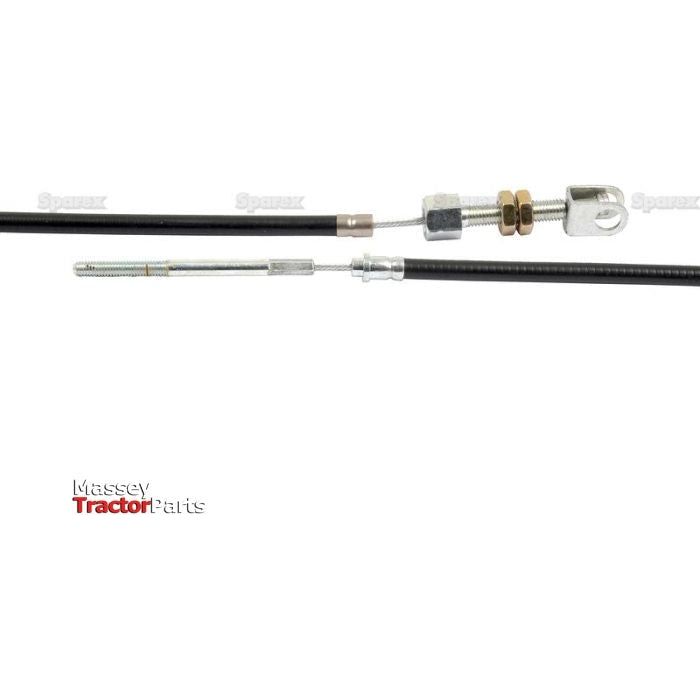 Close-up of a black Engine Stop Cable with metal fittings, labeled "Sparex" and "Massey Tractor Parts," against a white background. The product is the Engine Stop Cable with a length of 1430mm and an outer cable length of 1306mm, identified by Sparex Part No. S.57466.