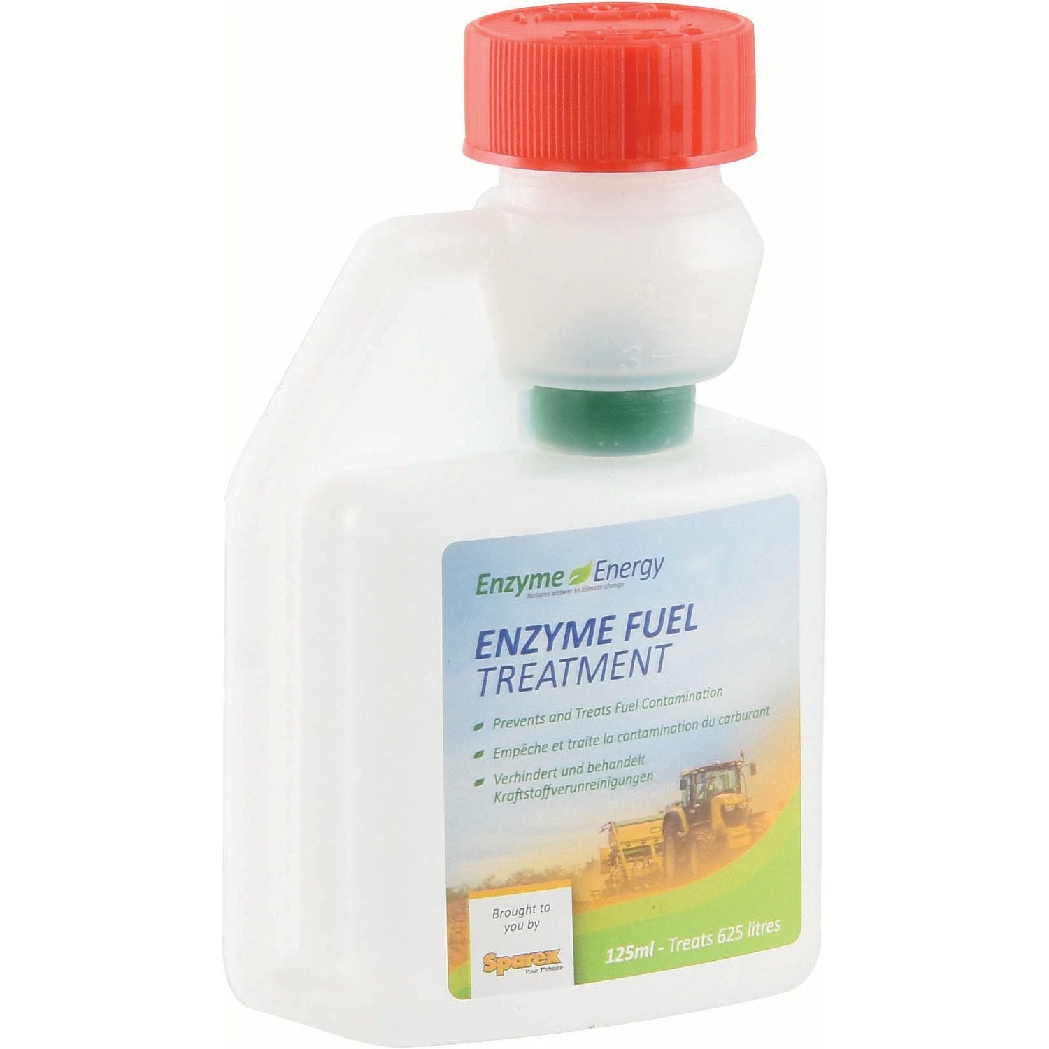 A white bottle with a red cap labeled "Enzyme Energy Fuel Treatment 125ml - S.24893" by Sparex. The label mentions it prevents microbial growth, treats fuel contamination, enhances fuel economy, and treats up to 625 liters of fuel per 125ml bottle.