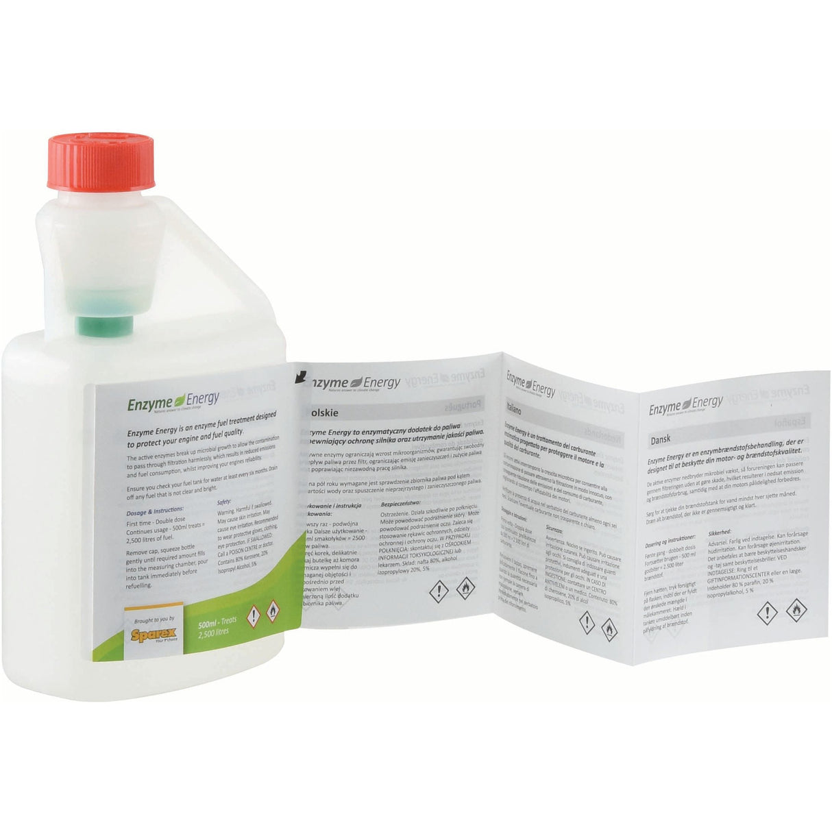 A plastic container of "Enzyme Energy Fuel Treatment 500ml - S.24894" from Sparex, featuring a red-capped measuring dispenser, is depicted next to its unfolded multilingual instruction manual. This product enhances fuel economy and lowers emissions to ensure optimal engine performance.