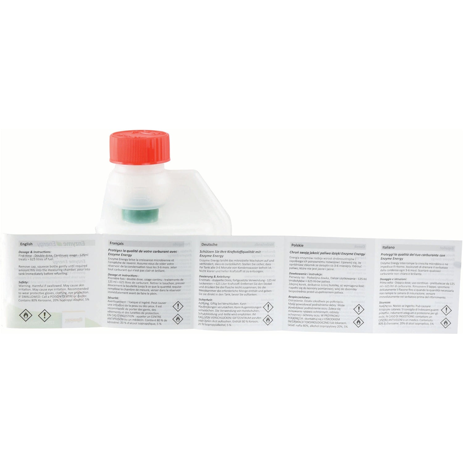 The Enzyme Energy Fuel Treatment 125ml (S.24893) by Sparex is packaged in a plastic container with a red cap and includes a folded instruction label that provides multilingual safety and usage information to prevent fuel contamination.