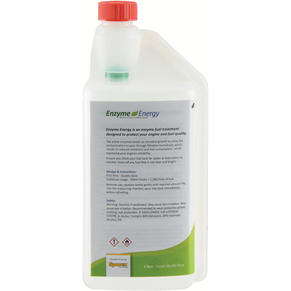 A 1-liter bottle of Sparex Enzyme Energy Fuel Treatment (S.24895) with a red cap and a white label featuring detailed usage instructions, dosage guidelines, and safety warnings. This treatment can handle up to 10,000 liters of fuel and helps improve fuel economy.