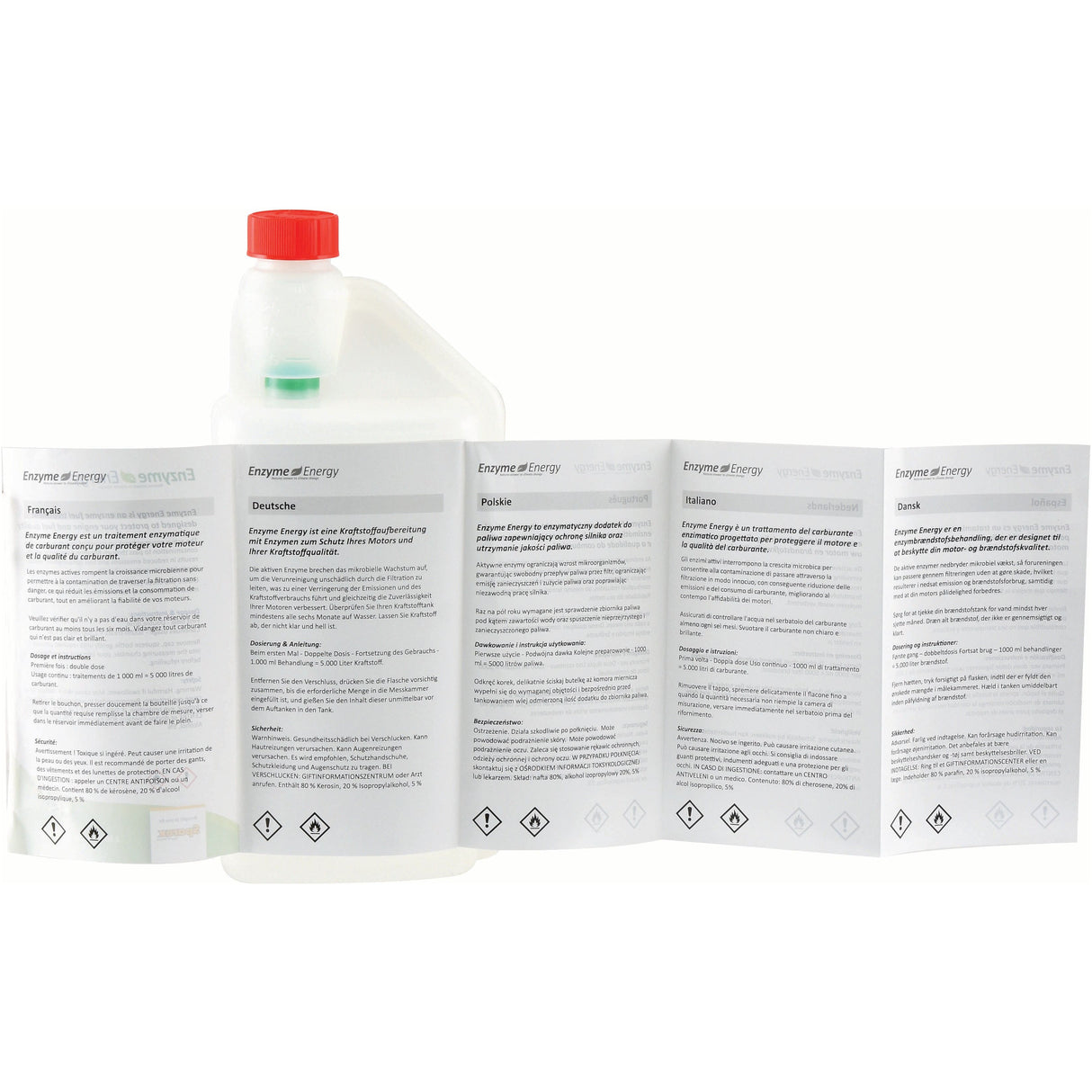 A white plastic container labeled "Enzyme Energy Fuel Treatment 1 ltr(s) - S.24895" from the Sparex brand, featuring a red cap, is positioned behind several unfolded instruction leaflets in different languages. The leaflets and container, which both display hazard warning symbols, emphasize warnings about fuel contamination.