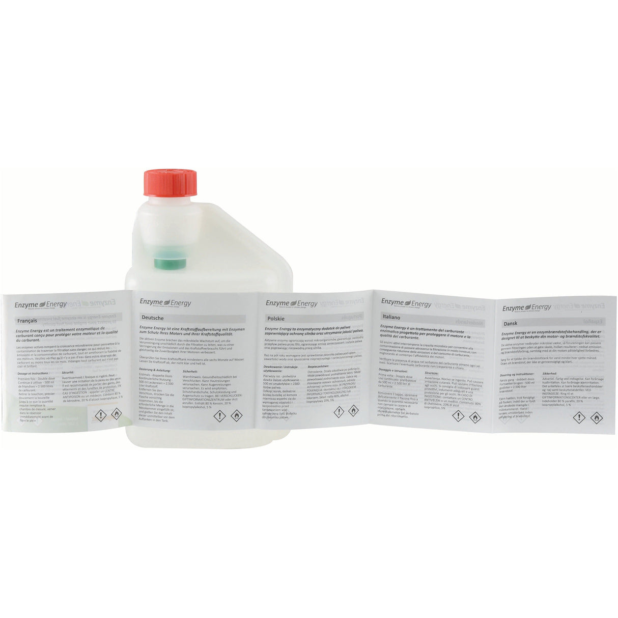 The Sparex Enzyme Energy Fuel Treatment 500ml (S.24894) comes in a plastic container with a red cap and includes an extendable label that provides safety and usage instructions in multiple languages, focusing on preventing fuel contamination.