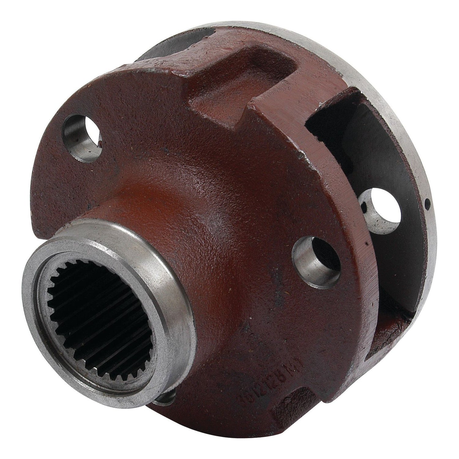 A close-up of an Epicycle Gear Carrier Unit (Sparex Part No. S.41573) in a Massey Ferguson machine, with a brown surface featuring multiple circular holes and a central grooved section.