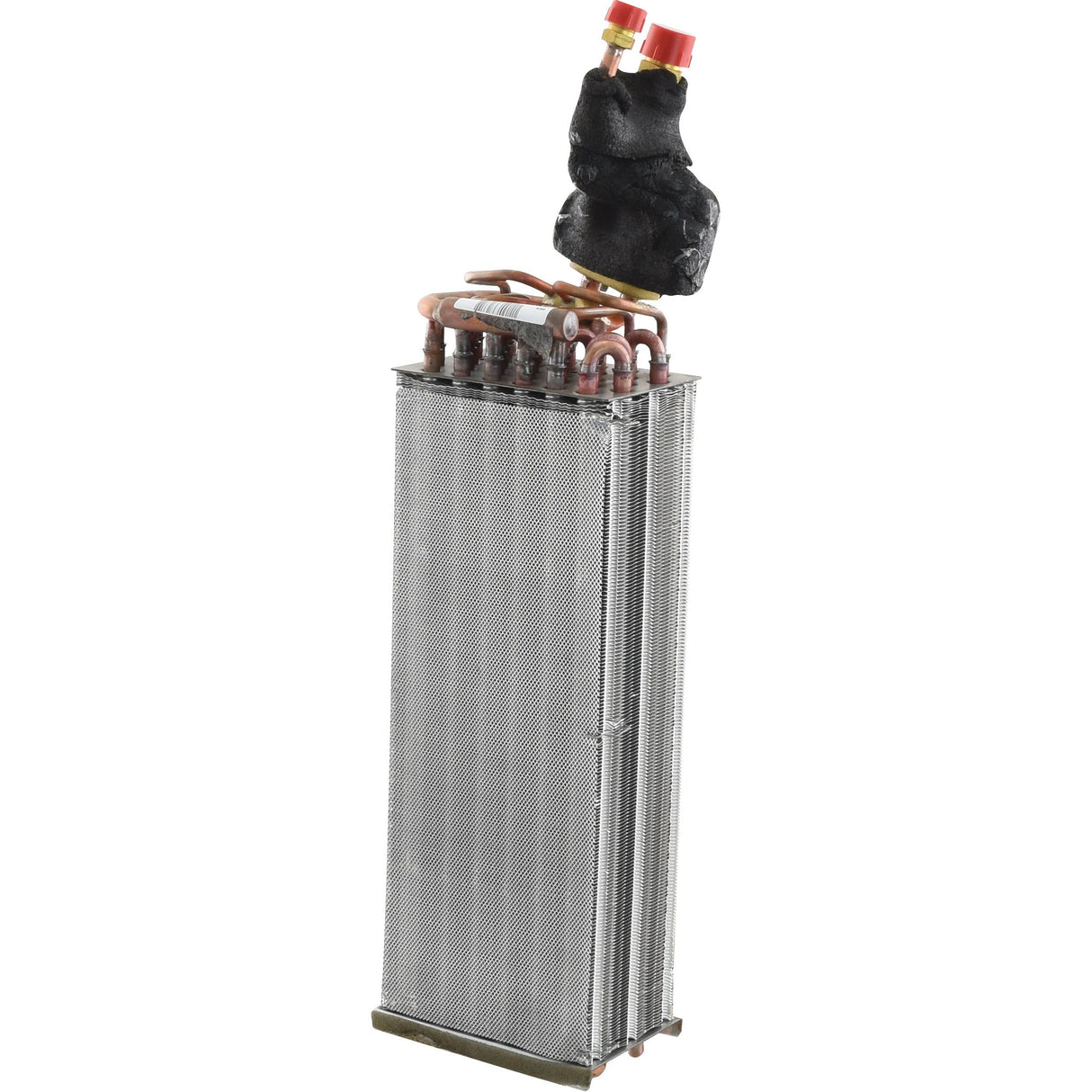 The Evaporator - S.152518 from Sparex is a vertical rectangular heat exchanger that features multiple copper pipes at the top, insulated with black material and capped with red safety caps, and is designed for compatibility with Sparex equipment.