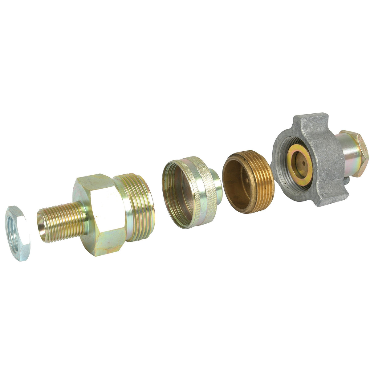 Exploded view of the Exactor type Coupling 1/2” BSP male (Sparex Part No. S.2353) metallic connector assembly by Sparex, featuring five separate components including nuts, washers, and threaded parts in a 1/2” BSP coupling arrangement.