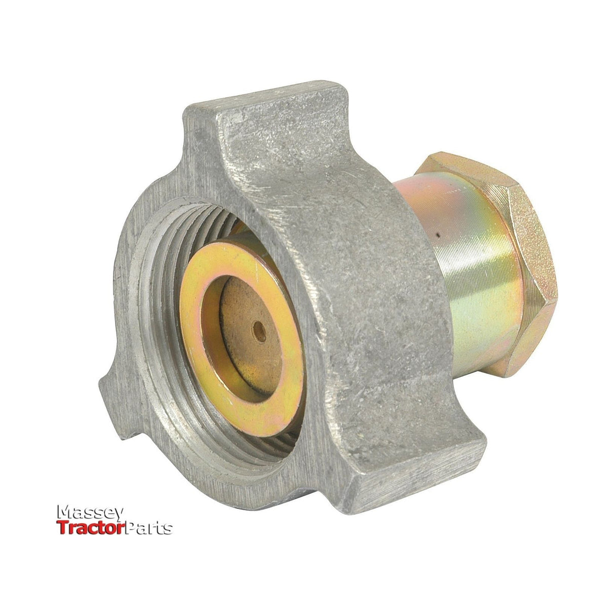 Close-up of a metal hydraulic fitting featuring a threaded connection, gold-colored inner component, and external knurled grip. The text "Massey Tractor Parts" is visible at the bottom left. This Sparex Exactor type Coupling 3/8” BSP female (Sparex Part No.S.2354) fits perfectly with Massey Ferguson's Exactor 3/8” BSP systems.