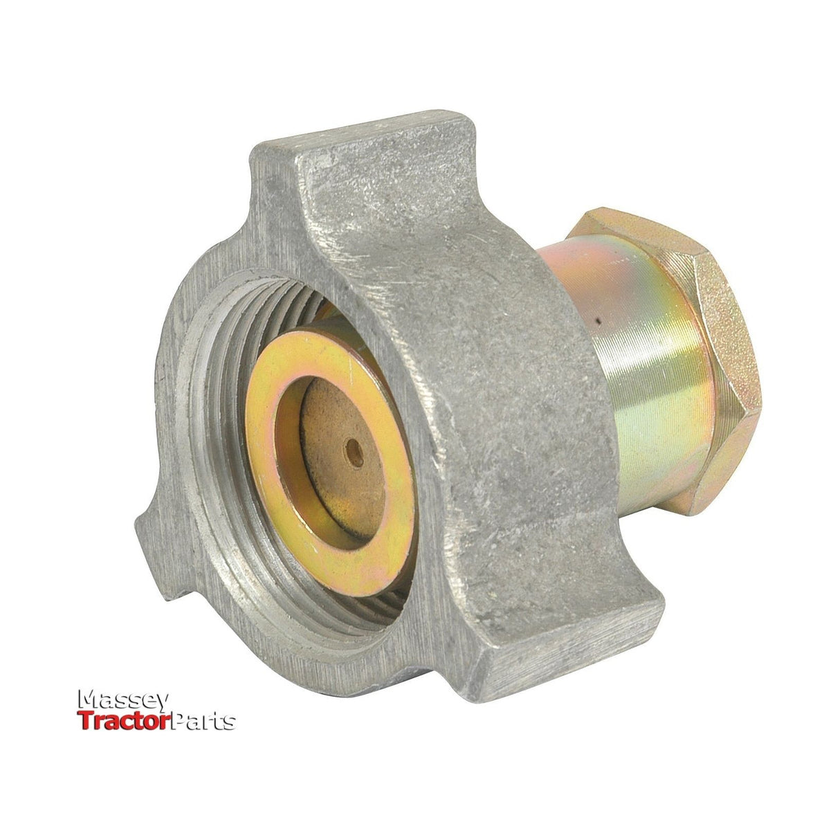 Close-up view of a metal coupling adapter with screw threads and hexagonal features, labelled with "Massey Ferguson Tractor Parts." This Sparex Exactor 3/8” BSP coupling, part number S.2354, is engineered for precision and durability.