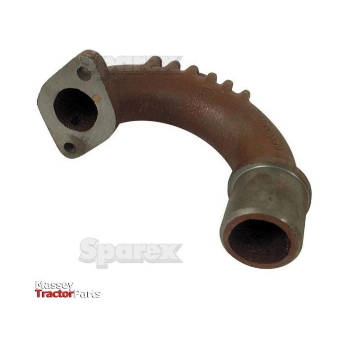 An exhaust elbow manufactured from metal with a curved design, featuring a flange and two openings, and labeled "Massey Tractor Parts." This part, called Exhaust Elbow (Sparex Part No. S.15981) by the brand Sparex, is suitable for Massey Ferguson models.