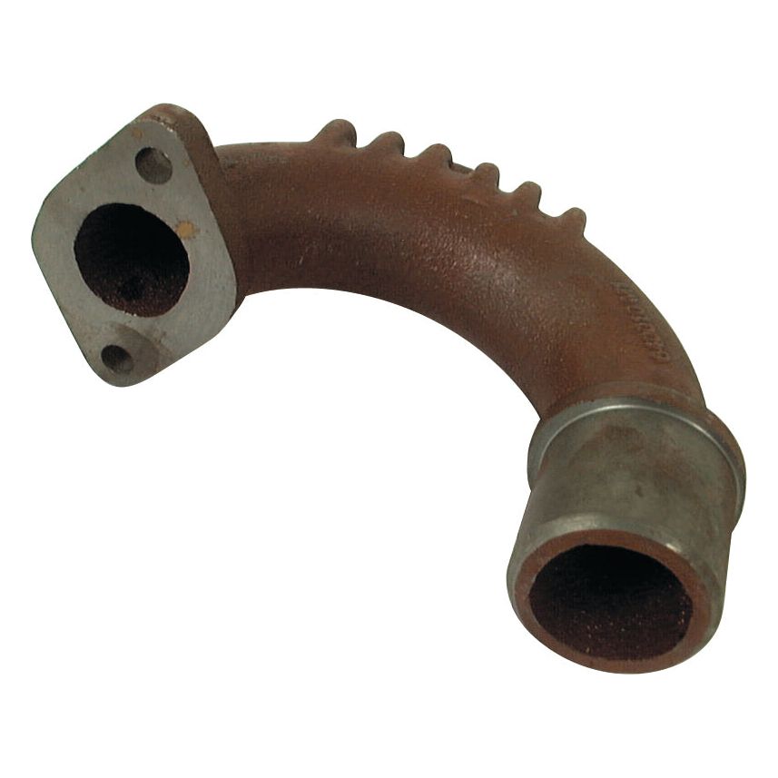 A rusted, curved metal exhaust pipe with a flanged and hollow end, featuring a series of ridges along the 180° elbow bend, similar to those found in Massey Ferguson machinery, identified as the Exhaust Elbow by Sparex (Part No.S.15981).