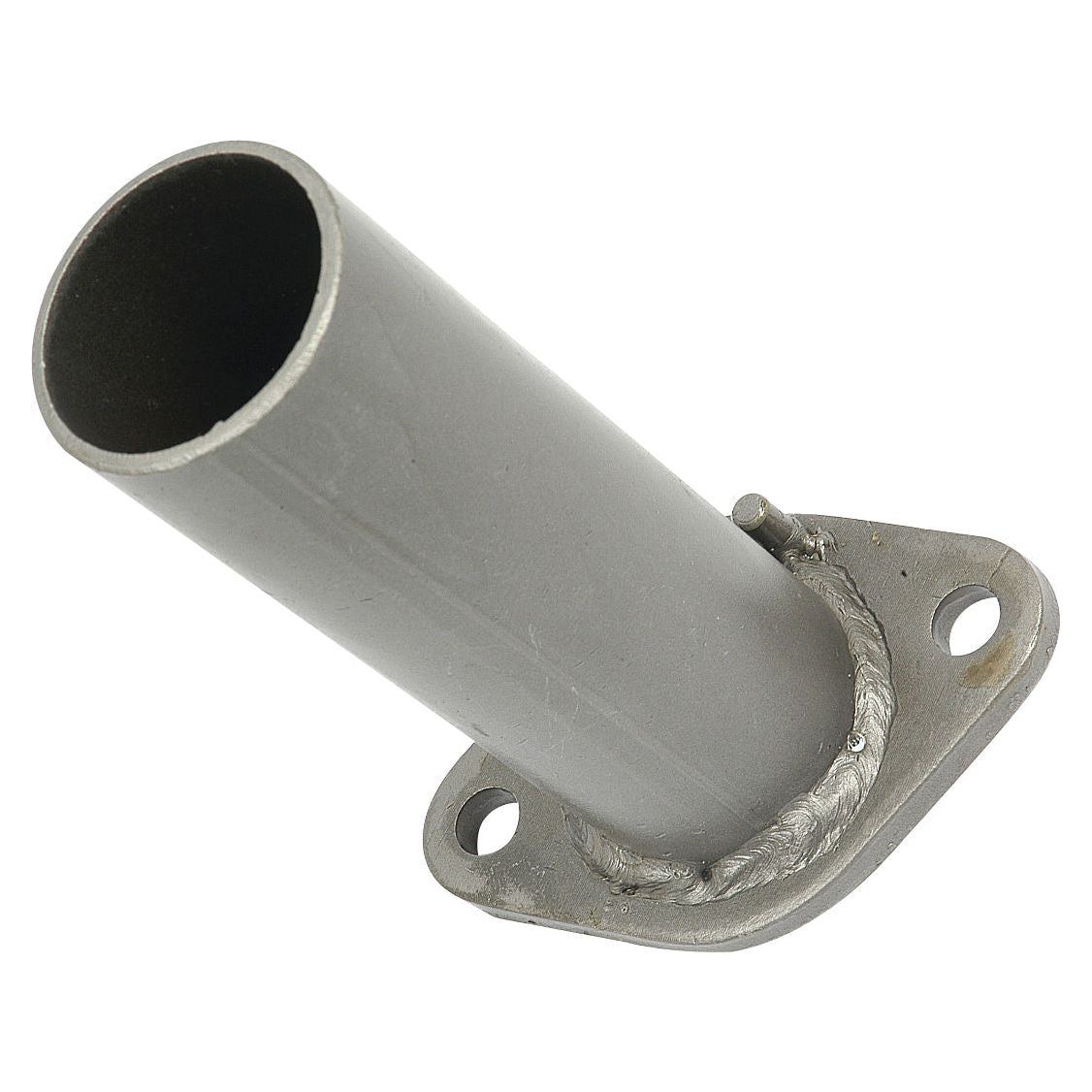 The Sparex Exhaust Elbow | Part No. S.43140 is a metal exhaust pipe featuring a welded flange with three bolt holes, designed for compatibility with Ford / New Holland tractors and can be viewed at an angle.