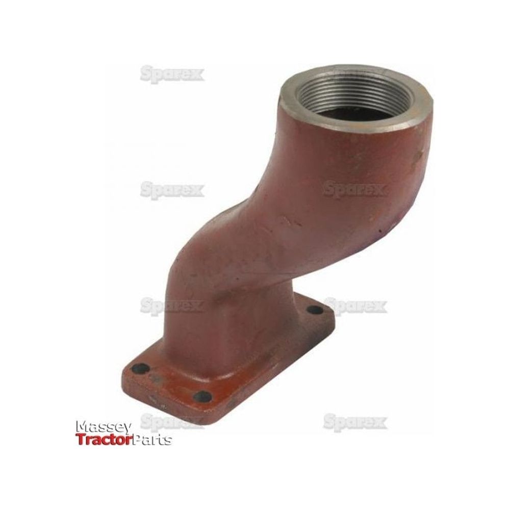 A brown, curved elbow-manifold fitting with a ribbed opening and a rectangular base featuring bolt holes, labeled "Sparex Exhaust Elbow | Part No. S.57389.