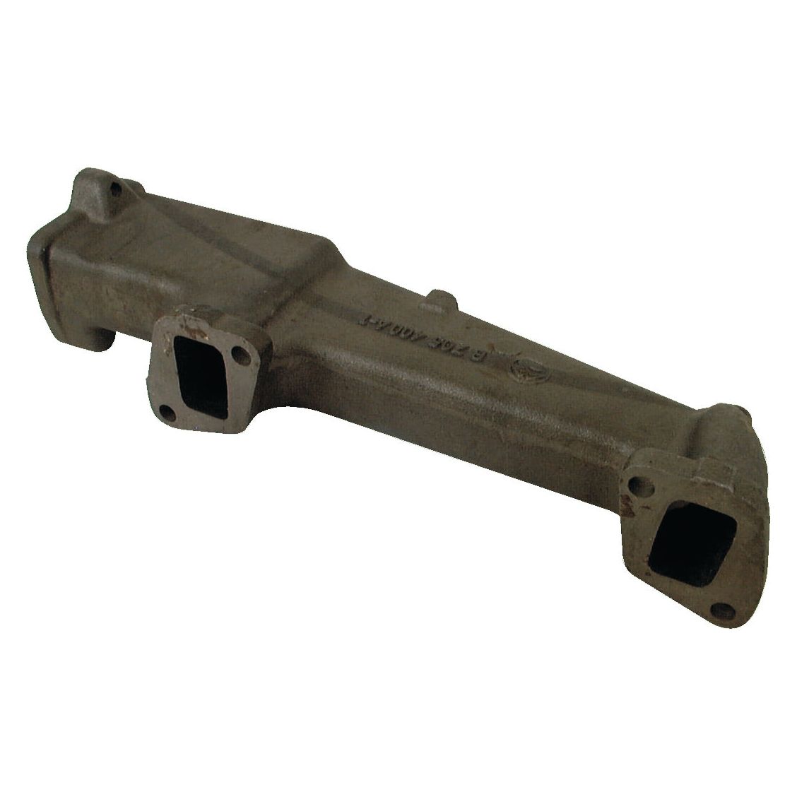 Sparex Exhaust Manifold (4 Cyl.) - Part No. S.42545, a metal exhaust manifold with two rectangular ports, featuring a sturdy, geometric design and compatible with Massey Ferguson and Landini tractors.