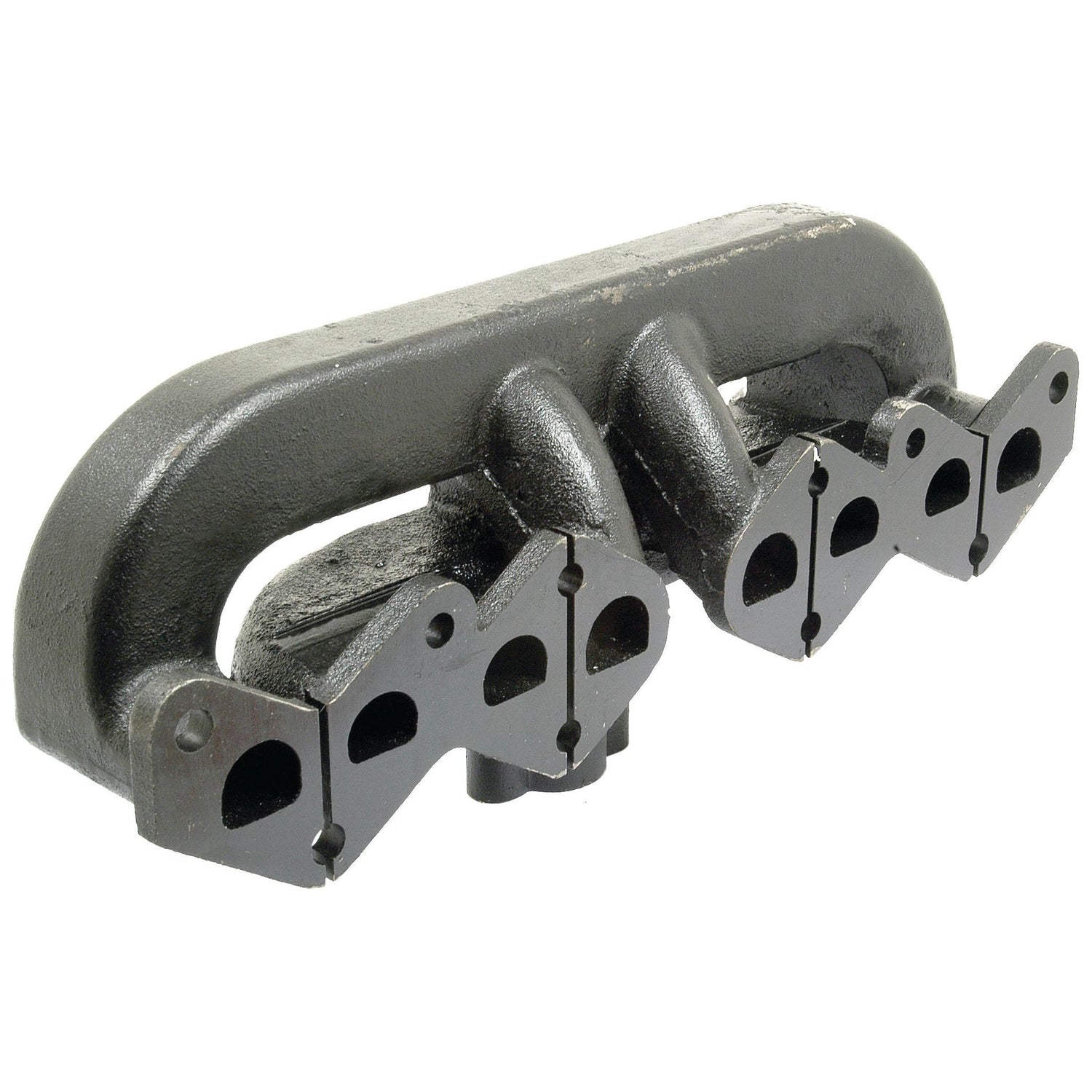 An image of the Sparex Exhaust Manifold (4 Cyl.) | Sparex Part No. S.43600, a black, multi-port manifold with four openings designed specifically for the 85mm TEA petrol engines found in Massey Ferguson tractors.
