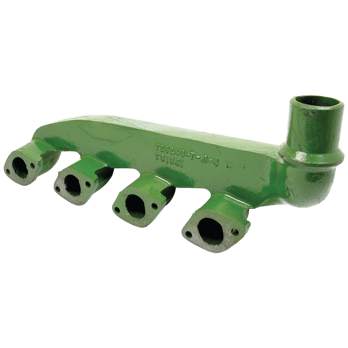 A Sparex exhaust manifold, part number S.60519, for 4 cylinder automotive or machinery engines, designed in John Deere green metal with four exhaust ports and one intake port.