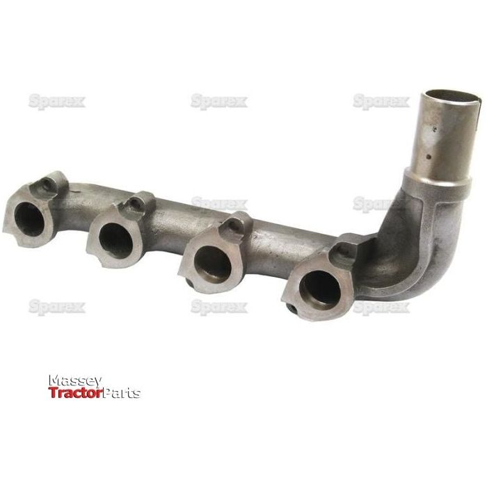 A metallic four-port exhaust manifold, labeled with "Sparex" and designated as Sparex Part No. S.67290, for Massey tractor parts.