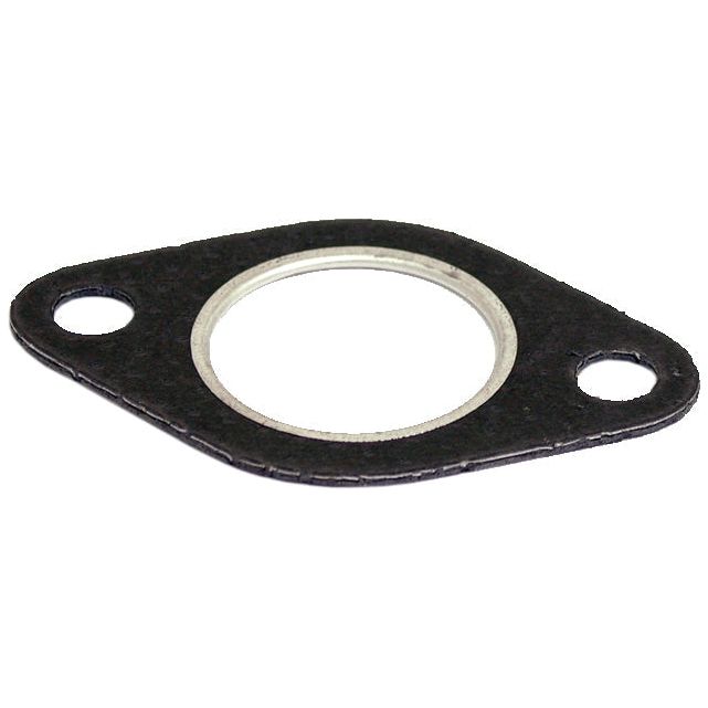 The Exhaust Manifold Gasket, Sparex Part No. S.41348, is an oval metal gasket featuring two bolt holes on either side and a central circular opening. It is specifically designed for Massey Ferguson tractors to ensure a secure fit between the manifold and the head of Perkins engines.
