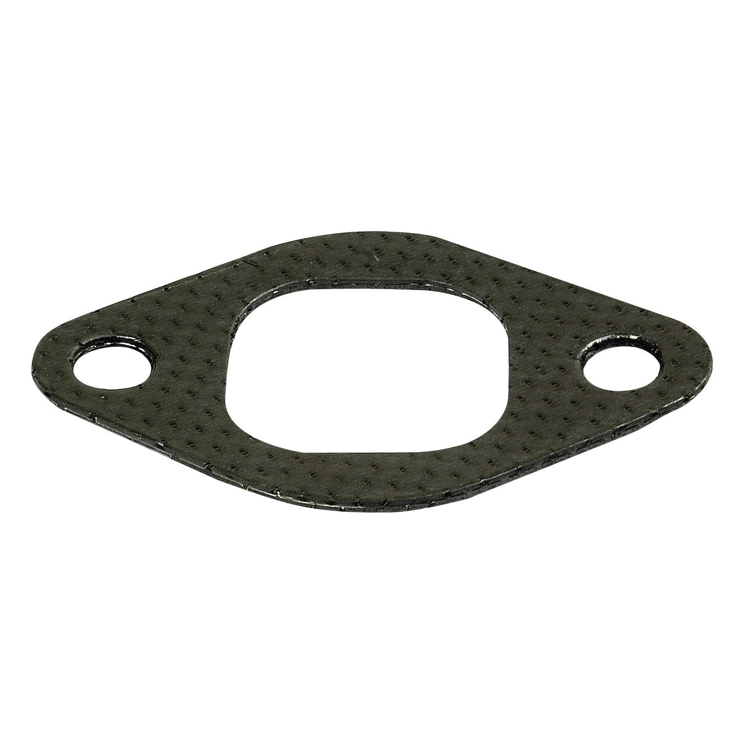 The Sparex Exhaust Manifold Gasket (Part No. S.57701) is a flat, black metal gasket with an oval-shaped center opening and two round holes on either side, making it perfect for Case IH exhaust manifold repairs.
