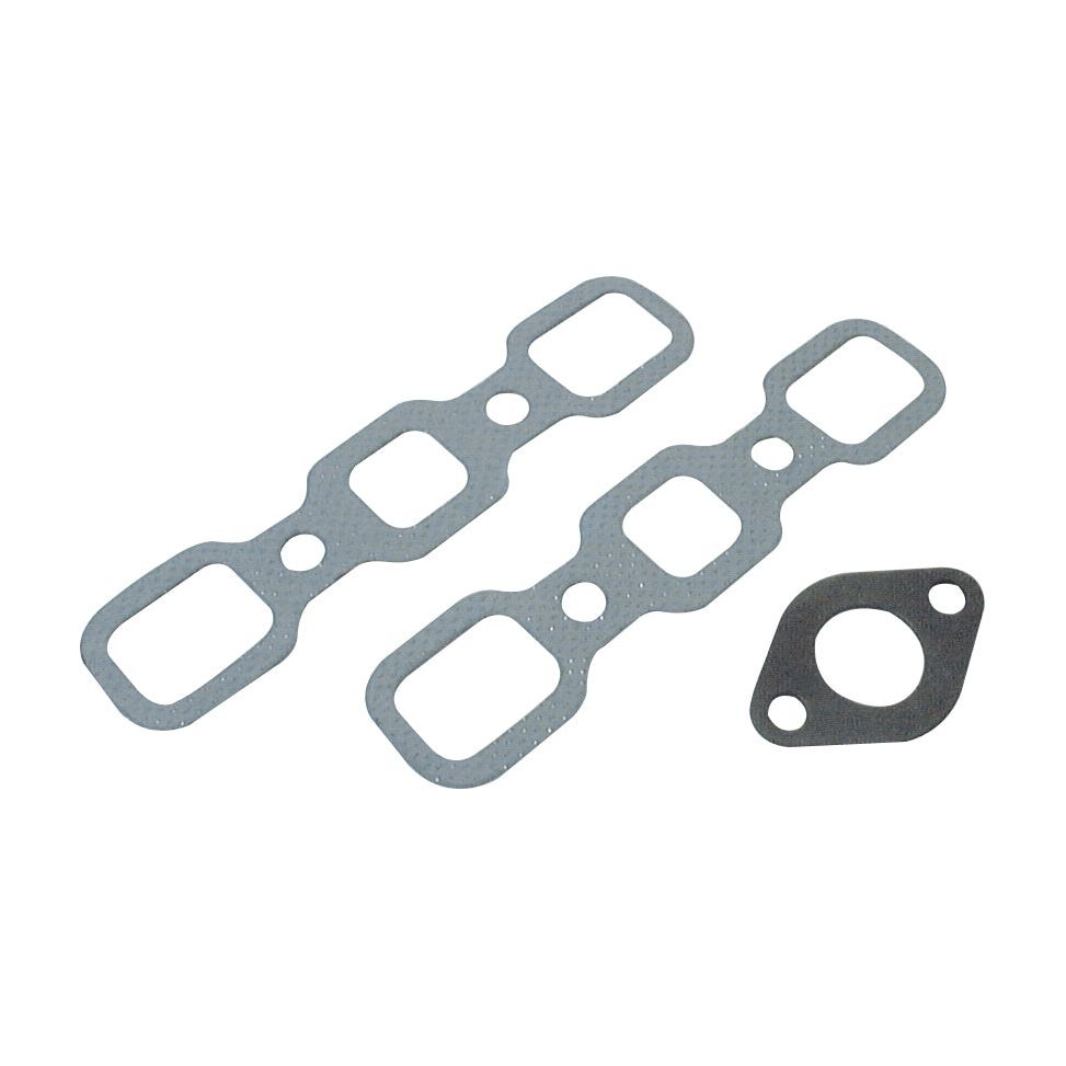 The Sparex Exhaust Manifold Gasket (Part No. S.60613) set includes three metal gaskets of varying shapes: two elongated ones with multiple holes and a smaller triangular one with three holes, ideal for Ford exhaust manifold repairs or New Holland machinery maintenance.