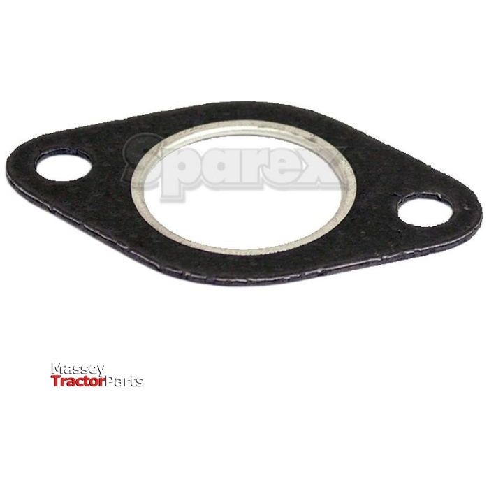 The Sparex Part No.S.41348, an exhaust manifold gasket, is a black, oval-shaped component featuring two bolt holes and a central circular opening. It's labeled with "Massey Tractor Parts" and "Sparex," making it an ideal choice for connecting the manifold to the head in Massey Ferguson tractors equipped with Perkins engines.
