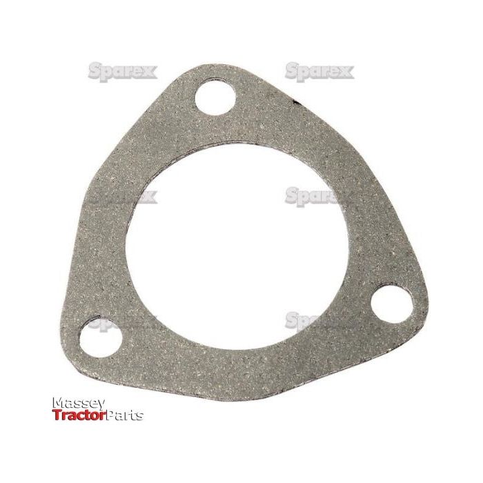 An Exhaust Manifold Gasket (Sparex Part No. S.65309), branded by Sparex, featuring a triangular design with three bolt holes and a large central opening for sealing mechanical joints in Ford Engines or New Holland exhaust manifolds, displayed on a white background with the Massey Tractor Parts logo and Sparex watermark.