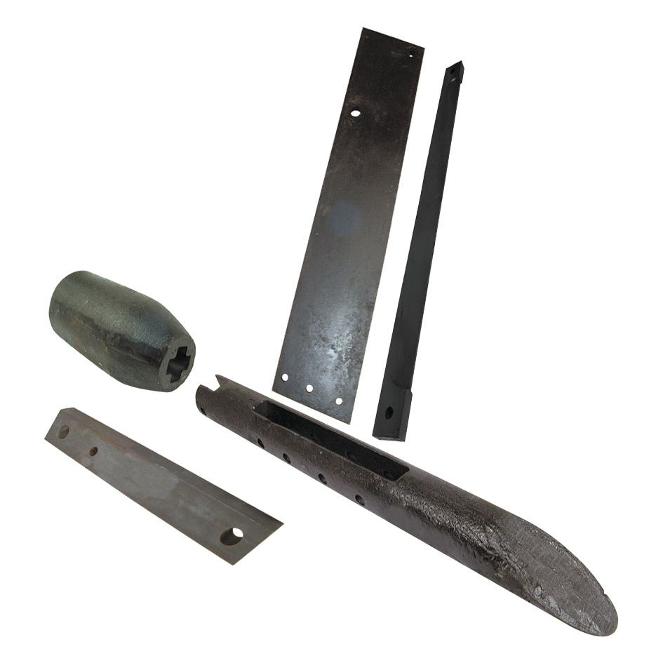 Various metal parts, including a cylindrical piece, two flat rectangular pieces with holes, a long tapered piece, and a thin rod arranged on a white background, ideal for Ransome or MOLE DRAINER equipment. Featured product: Expander 4'' to fit as PASC799 | Sparex Part No. S.78323 by Sparex.