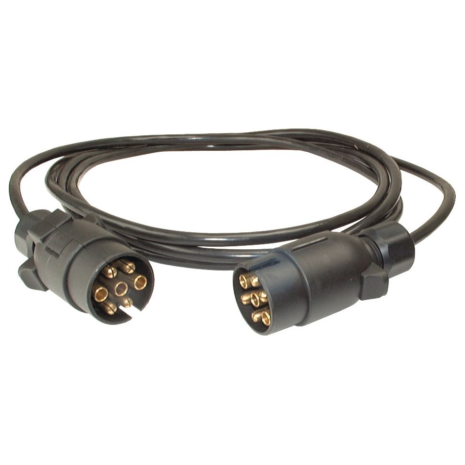 The Sparex Extension Cable 3M, Part No. S.4826, is a coiled black plastic cable with a length of 10 feet, featuring seven-pin male connectors on both ends, ideal for trailer and towing connections.