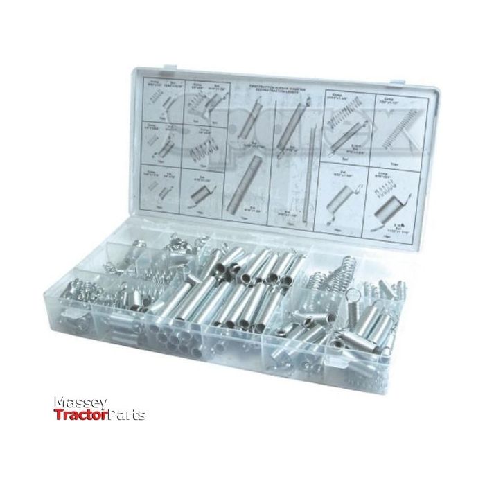 A transparent plastic case, labeled "Extension and Compression Spring Kit (200 pcs.) Compak - S.29881," contains an assortment of tractor parts, including springs and metal rods, with compartment labels visible on the interior lid. The logo "Sparex" is on the case, providing clear information that it’s suitable for various repair needs.