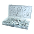 The Extension and Compression Spring Kit (200 pcs.) Compak - S.29881 by Sparex is an organized plastic box containing various metal springs, rods, and screws with labeled divisions showing their specifications and manufacture information.