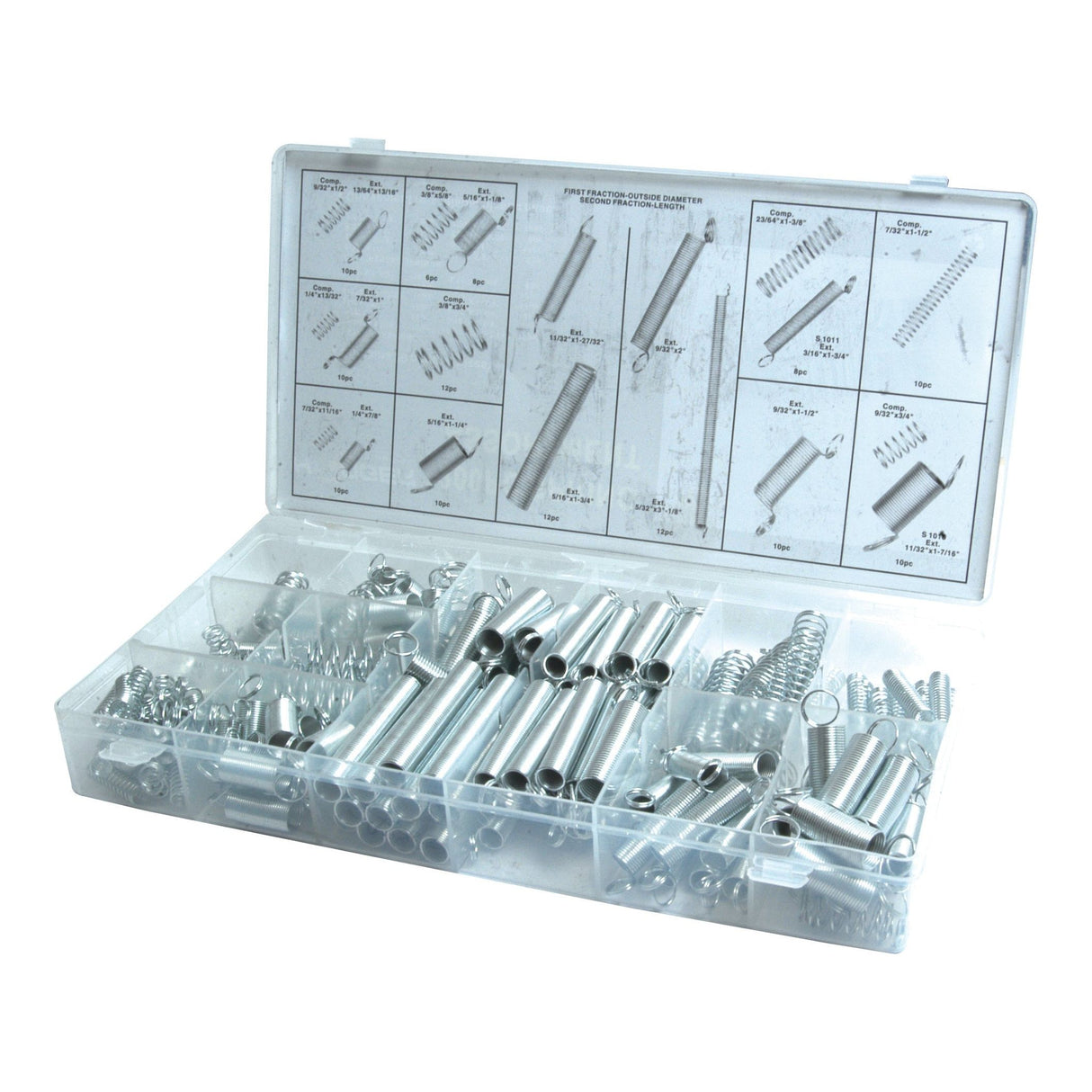 The Extension and Compression Spring Kit (200 pcs.) Compak - S.29881 by Sparex is a plastic organizer box filled with an assortment of metal springs and pins. Inside the lid, you'll find a diagram detailing the different types and sizes of each item, making it ideal for both DIY enthusiasts and professionals.