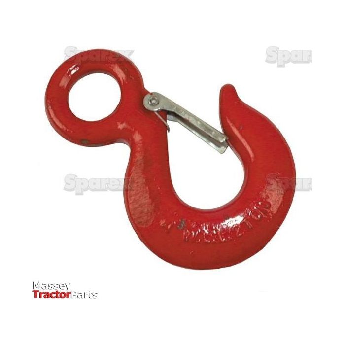 A red metal lifting hook with a safety latch, known as the Eye Hook & Safety Pawl 60mm - S.54234 by Sparex, designed for heavy lifting and securing loads, ensuring adherence to the Safe Working Load (SWL) standards.