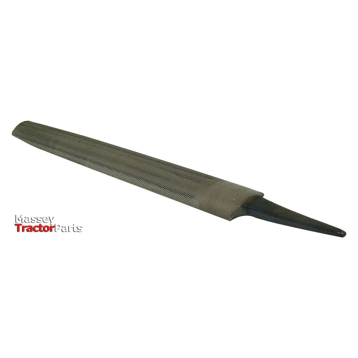 A 250mm flat metal file with a handle and a tapered end, embossed with the text "Massey Tractor Parts." This tool, known as the FILE-10'' 1/2 ROUND BASTARD, is produced by Sparex under part number S.5858 and is perfect for various tasks.