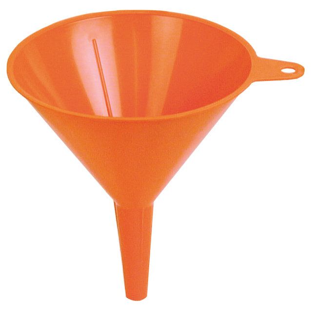 A durable orange plastic funnel from Sparex, model S.5746 with a 150mm diameter, features a handle and spout and is made of high-density polyethylene.