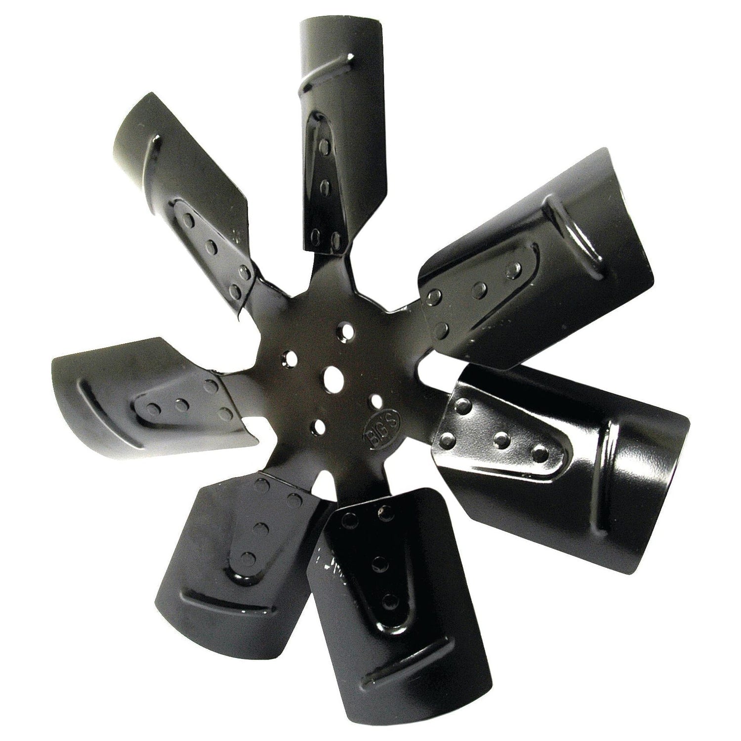 Close-up of a black metal Fan Blade (Sparex Part No. S.66797), Ford/New Holland compatible, with six sturdy blades by Sparex.
