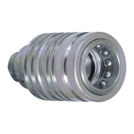 The Faster Quick Release Hydraulic Coupling Female 1/2'' Body x M20 x 1.50 Metric Male Thread by Sparex (Part No. S.112663) is a metal carbon steel connector featuring multiple seals, a grooved body, seven visible ball bearings inside the threaded end opening, and an integrated poppet valve.