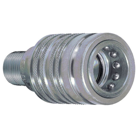 A Sparex Faster Quick Release Hydraulic Coupling Female 1/2'' Body x M22 x 1.50 Metric Male Bulkhead (Sparex Part No.S.112667) features a robust carbon steel construction with a ridged grip, threaded end, and a reliable poppet valve.