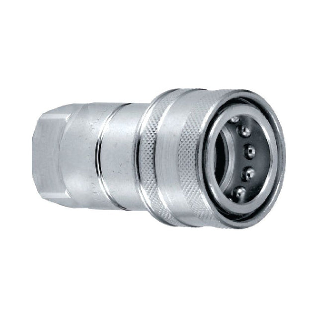 A close-up image of the Sparex Faster Quick Release Hydraulic Coupling Female 3/4'' Body x 3/4'' BSP Female Thread (Sparex Part No.S.112741) featuring ridges, a hexagonal base, and a BSP female thread.