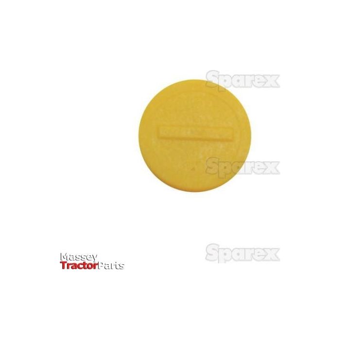 A round, yellow plastic cap featuring the text "Sparex" on a white background. The phrase "Massey Tractor Parts" is visible in the bottom left corner, along with the Faster Visual Indicator - Yellow (-) (Sparex Part No. S.112713).